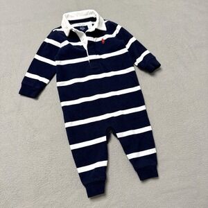 Ralph Lauren Baby Rugby Coverall 6M Navy Stripe One Piece Romper